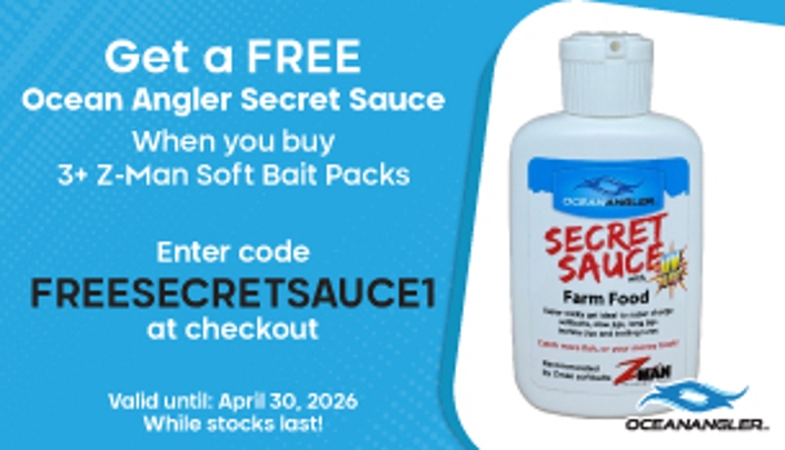 Buy 3+ Z-Man Soft Bait Packs, get Free Ocean Angler Secret Sauce